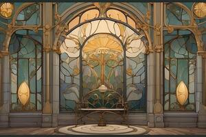 an art nouveau style painting of a room with a large window photo