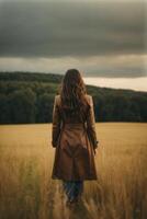 a woman with long hair standing in a field photo