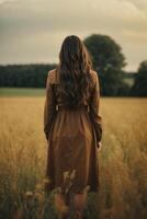 a woman in a brown dress standing in a field photo