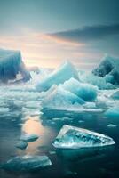 icebergs floating in the ocean with a cloudy sky photo