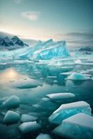 icebergs floating in the water under a colorful sky photo