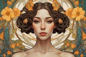 portrait of a girl in flowers and Art Nouveau style photo