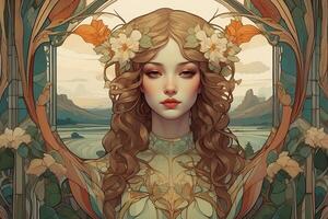 portrait of a girl in flowers and Art Nouveau style photo