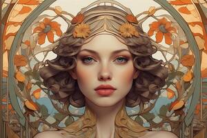 portrait of a girl in flowers and Art Nouveau style photo