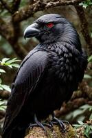 a black crow sits on a branch in the woods photo