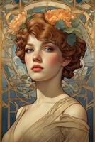 portrait of a girl in flowers and Art Nouveau style photo