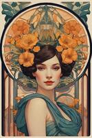 portrait of a girl in flowers and Art Nouveau style photo