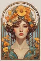 portrait of a girl in flowers and Art Nouveau style photo