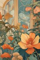 a painting of orange flowers in a garden photo