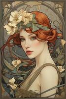 portrait of a girl in flowers and Art Nouveau style photo