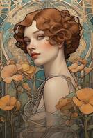 portrait of a girl in flowers and Art Nouveau style photo