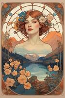 portrait of a girl in flowers and Art Nouveau style photo