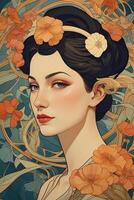 portrait of a girl in flowers and Art Nouveau style photo