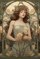 portrait of a girl in flowers and Art Nouveau style photo