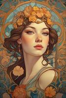 portrait of a girl in flowers and Art Nouveau style photo