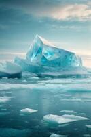 icebergs floating in the water with a cloudy sky photo