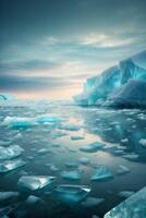 icebergs floating in the water with a sunset photo