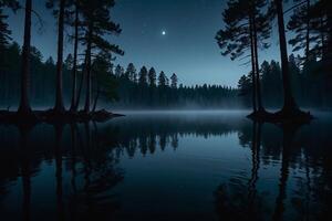 a lake at night with trees and a star photo