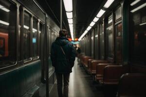 a man standing in the middle of a subway train photo