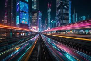 a city at night with trains moving through the city photo