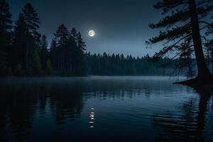 a lake at night with trees and a star photo