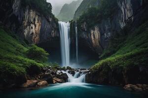 a waterfall is seen in the middle of a valley photo