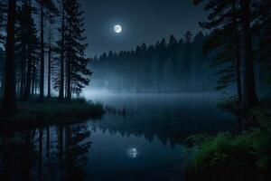 a lake at night with trees and a star photo