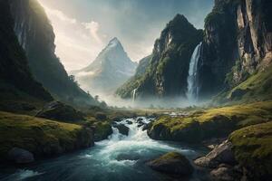 a beautiful landscape with a waterfall and mountains photo