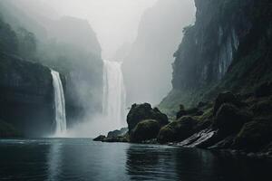 a waterfall is seen in the middle of a valley photo