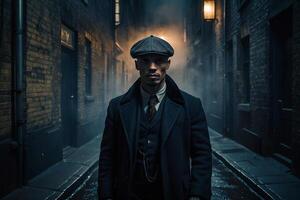 gangster in a hat and coat standing in an alleyway photo