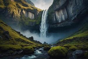 a waterfall is seen in the middle of a valley photo