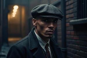 gangster in a hat and coat standing in an alleyway photo