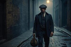 gangster in a hat and coat standing in an alleyway photo