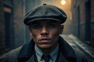 gangster in a hat and coat standing in an alley photo