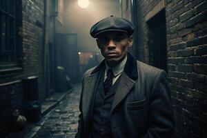 gangster in a hat and coat standing in an alley photo