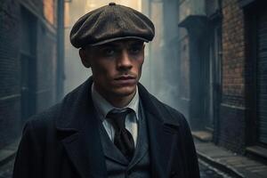 gangster in a hat and coat standing in an alley photo