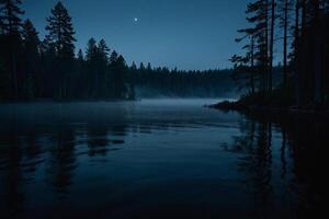 a lake at night with a moon and stars photo