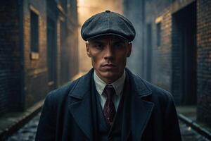 gangster in a hat and coat standing in an alley photo