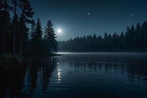 a moon rises over a lake at night photo