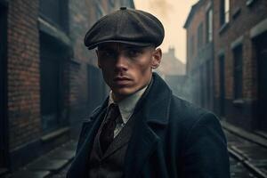 gangster in a hat and coat standing in an alley photo