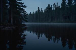 un lago a noche con un Luna y estrellas foto