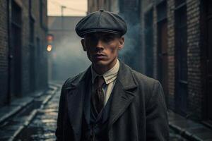 gangster in a hat and coat standing in an alley photo