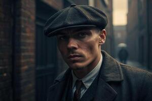 gangster in a hat and coat standing in an alley photo