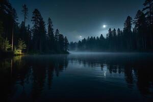 a moon rises over a lake at night photo