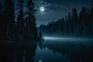 a moon rises over a lake at night photo