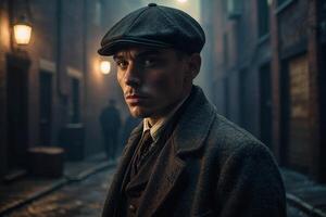 gangster in a hat and coat standing in an alley photo