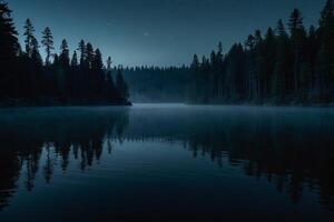 un lago a noche con un Luna y estrellas foto
