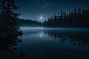 a moon rises over a lake at night photo