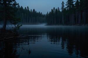 a lake at night with a moon and stars photo