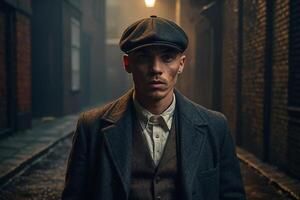 gangster in a hat and coat standing in an alley photo